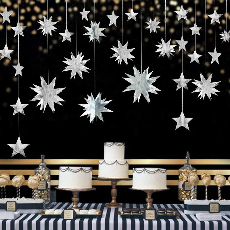 pinkblume Silver Star Garland Party Decorations Kit 3D Stars Metallic Bunting Banner for Holiday Xmas Birthday Wedding Baby Shower Hanging Decorations for Christmas Nursery Decor Clearance(4 Set) - Image 3